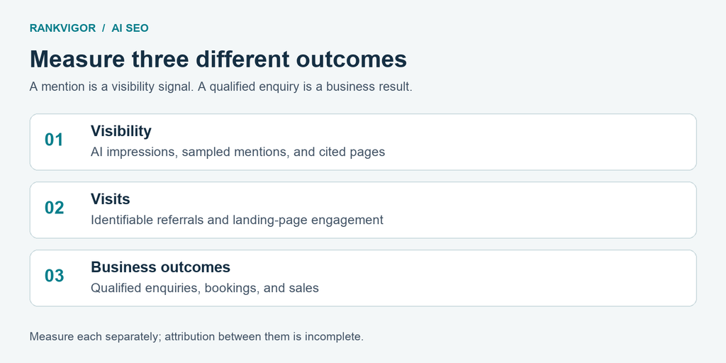 Separate visibility, visits, and business outcomes when assessing AI SEO.