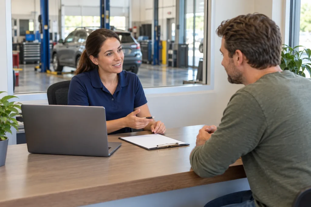 A fictional service advisor discussing an appointment with a customer at a repair shop reception desk
