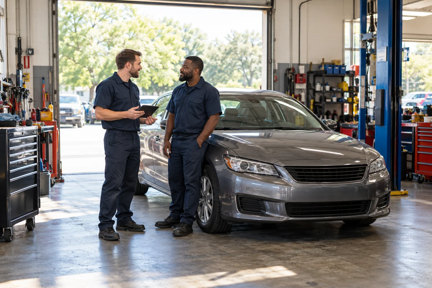 Two fictional mechanics discussing work beside a parked sedan in an independent repair shop