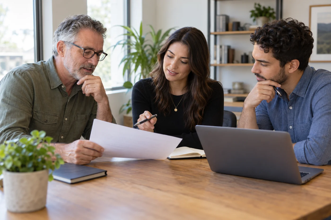 A fictional business owner discussing an SEO proposal with two consultants