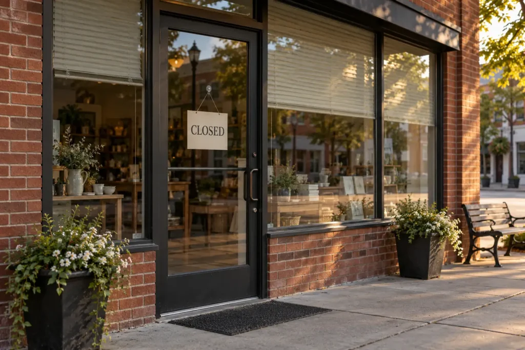 A fictional neighborhood shop with a closed notice on its glass entrance
