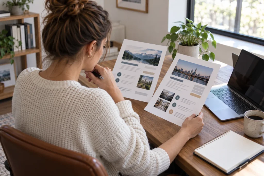A fictional business owner comparing two printed agency proposals at her desk