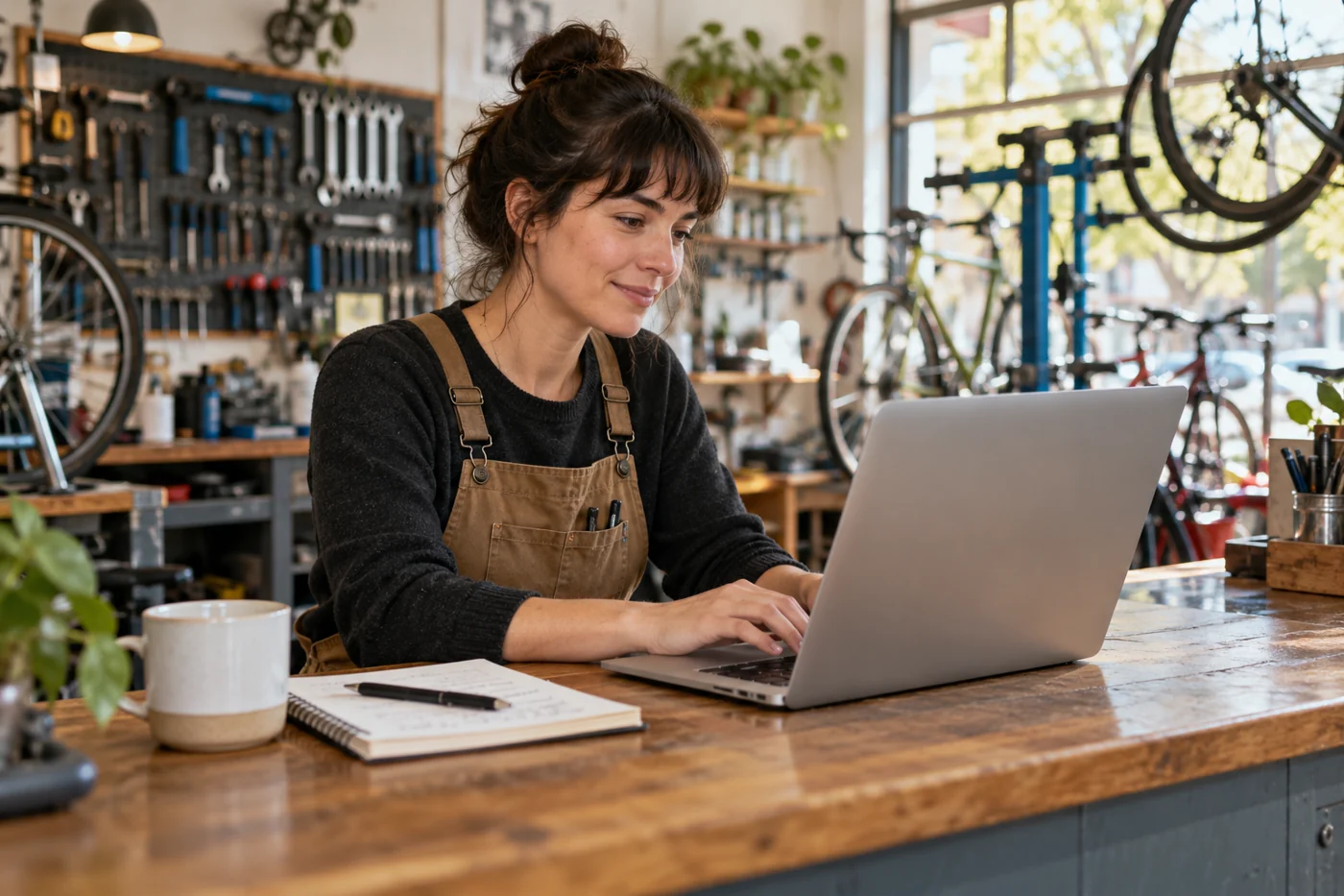 A fictional bicycle shop owner working on her business website
