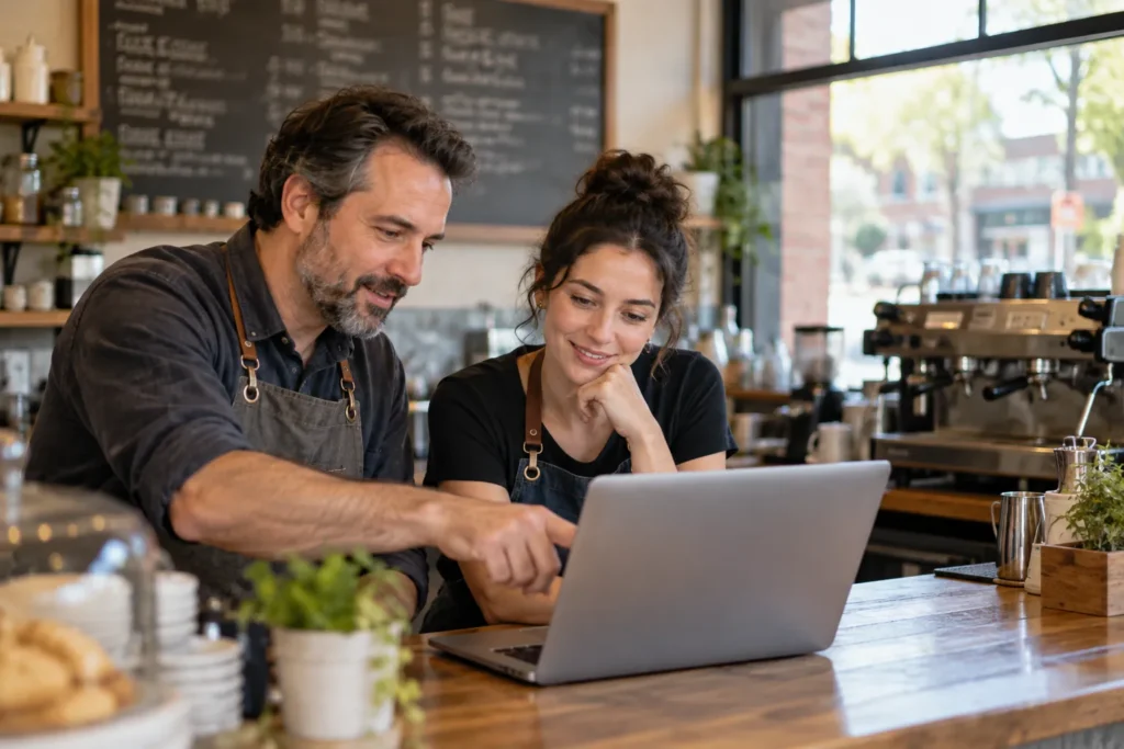 Two cafe staff members reviewing a laptop at the counter