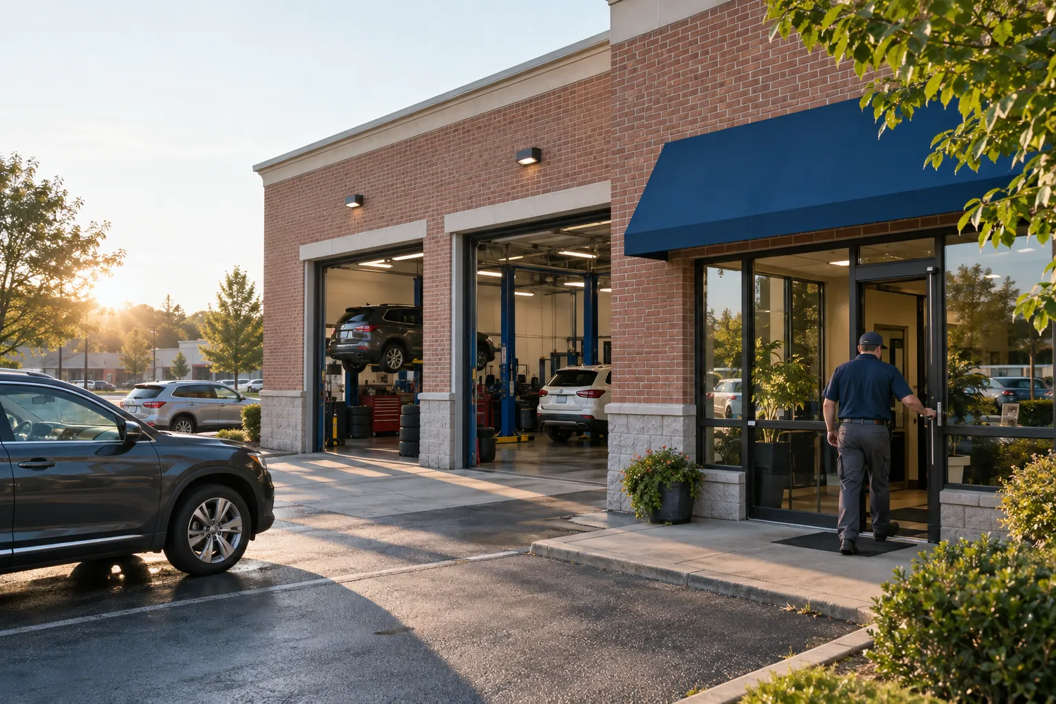 A neighborhood auto service storefront opening for the day