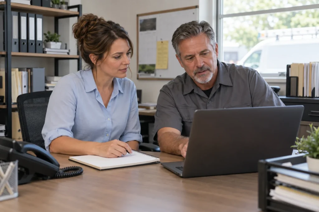 A fictional HVAC business owner and office coordinator reviewing service requests in a dispatch office