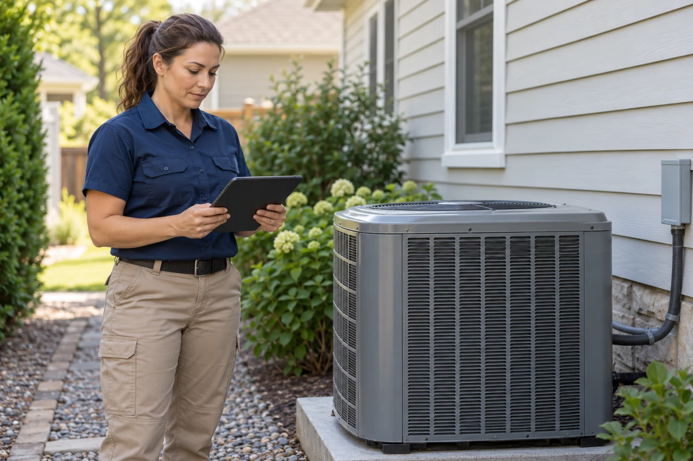 A fictional HVAC technician reviewing a tablet beside a closed outdoor air conditioning unit