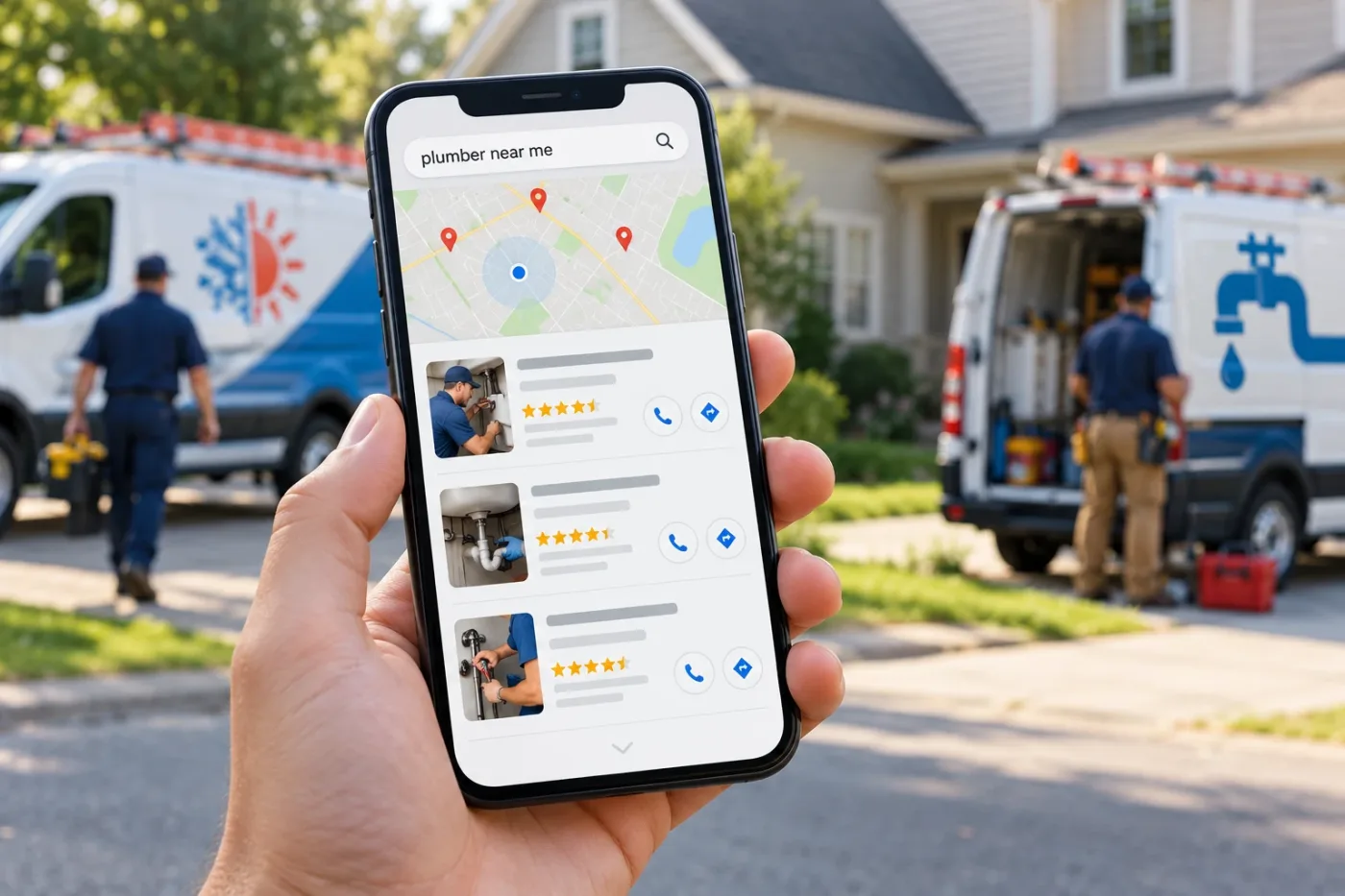 A hand holding a phone showing local plumber search results on a map, with HVAC and plumbing service vans parked outside a house