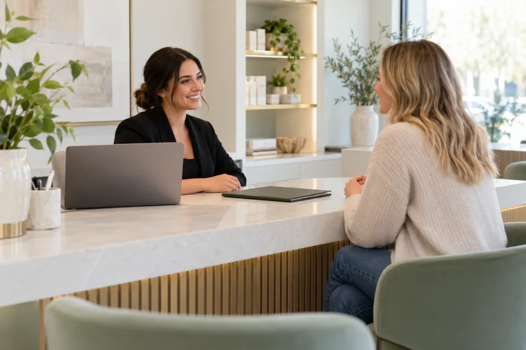 A fictional receptionist speaking with an adult visitor at a med spa front desk