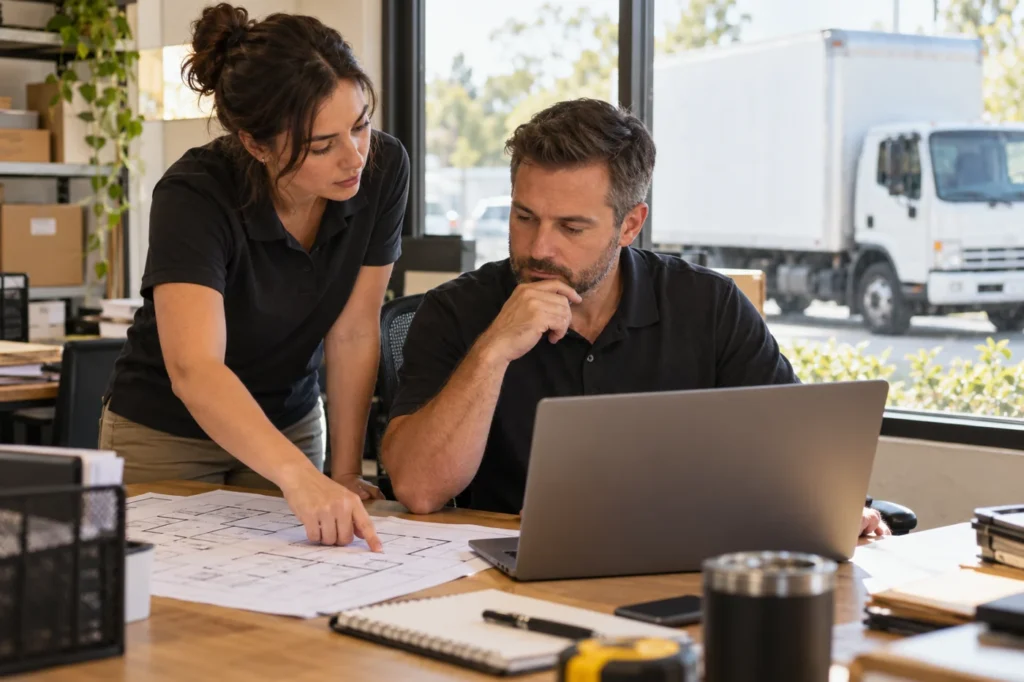 A fictional moving company owner reviewing a quote request with a coworker