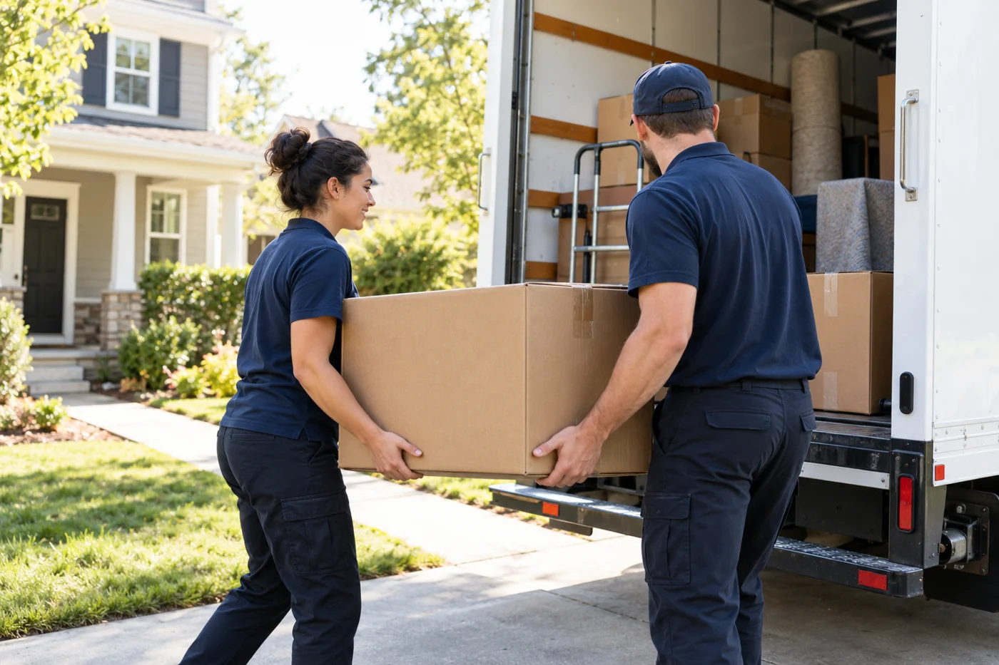 Two fictional movers carrying a box toward an unbranded moving truck