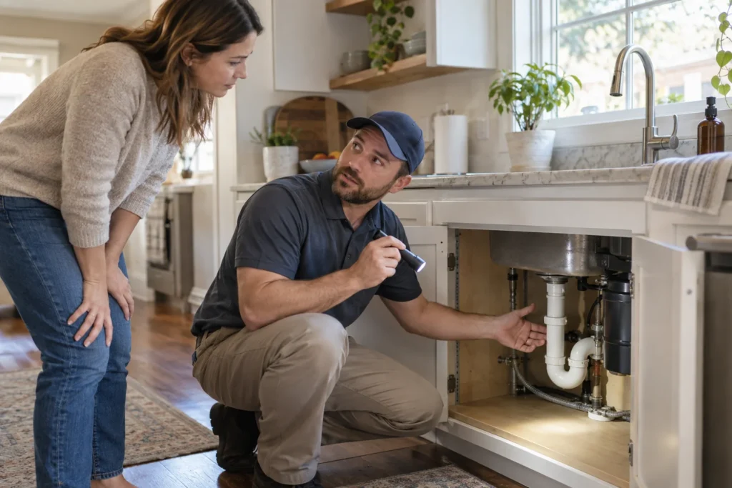 Fictional plumbing technician discussing an under-sink inspection with a homeowner
