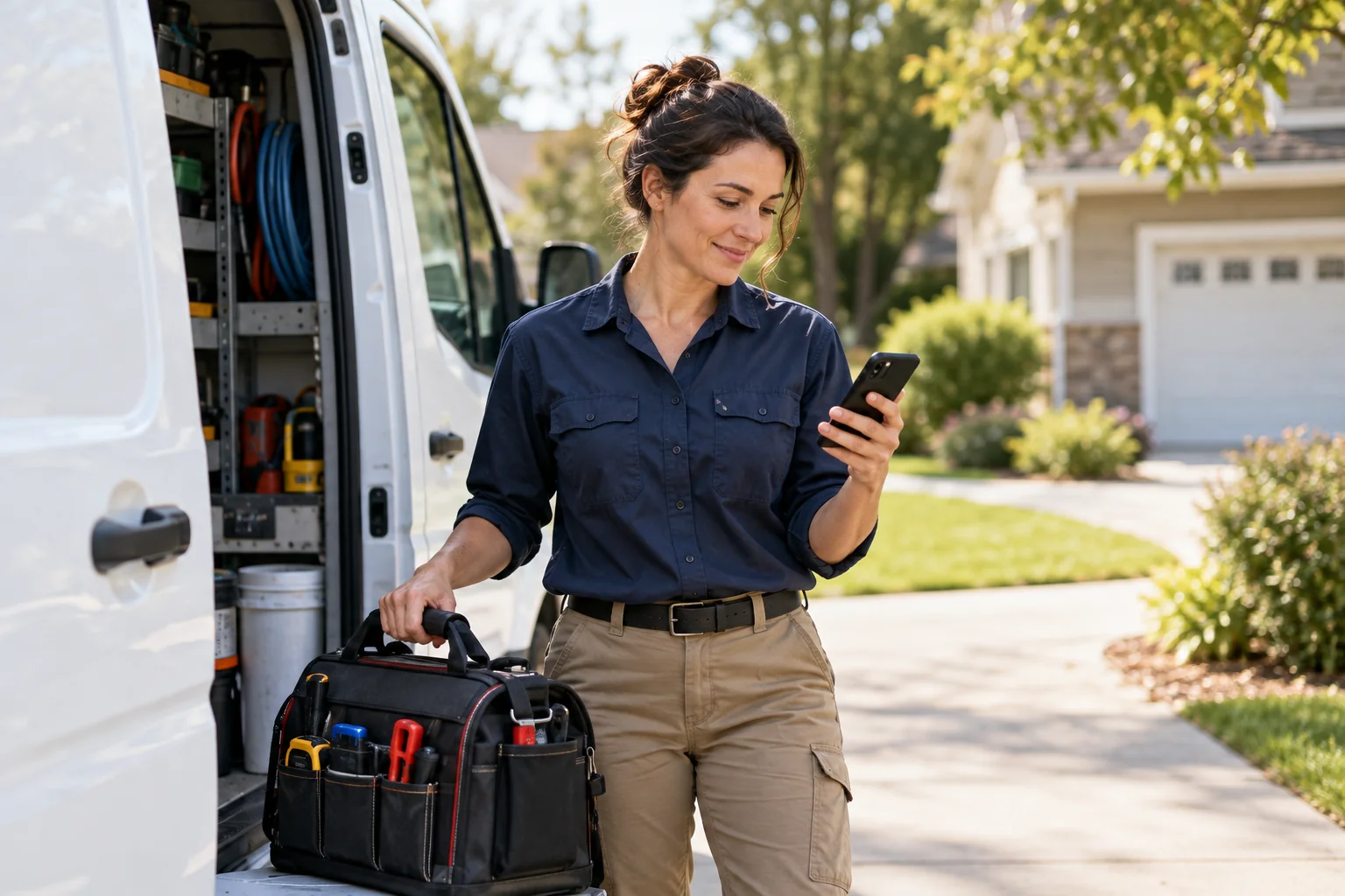 Fictional plumbing business owner checking a smartphone beside a service van