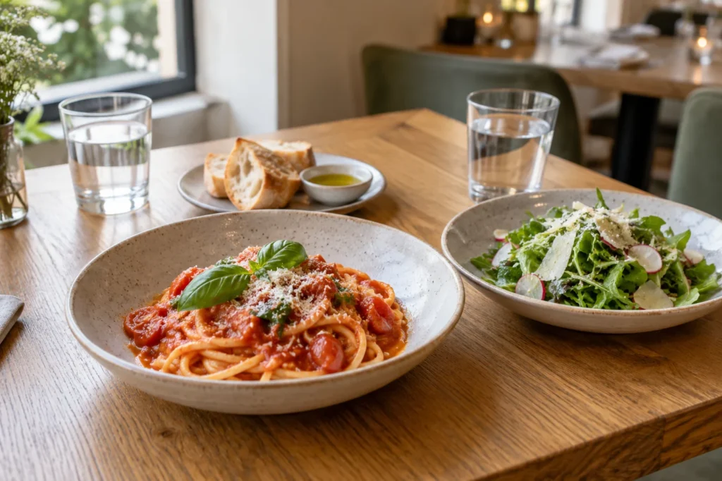 Fictional pasta and salad dishes on a restaurant table beside a window