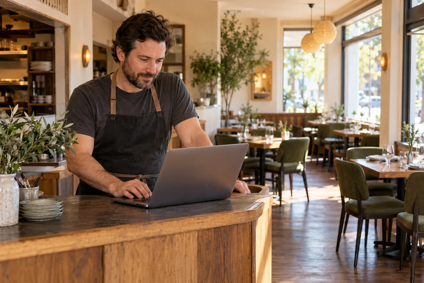 A fictional restaurant owner using a laptop at a counter before opening