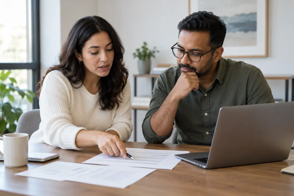 Two fictional professionals reviewing a printed work plan and laptop during a reporting meeting