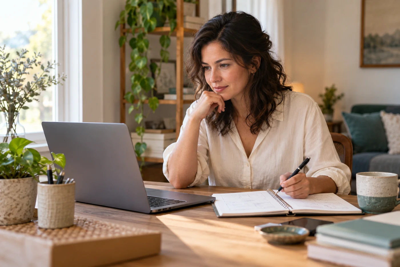 A fictional business owner reviewing a laptop and website planning notebook at a desk