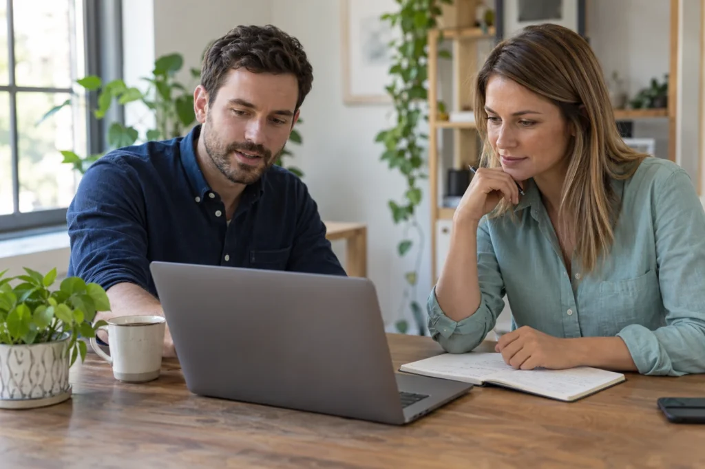 A fictional business owner and website developer reviewing a laptop and notebook together