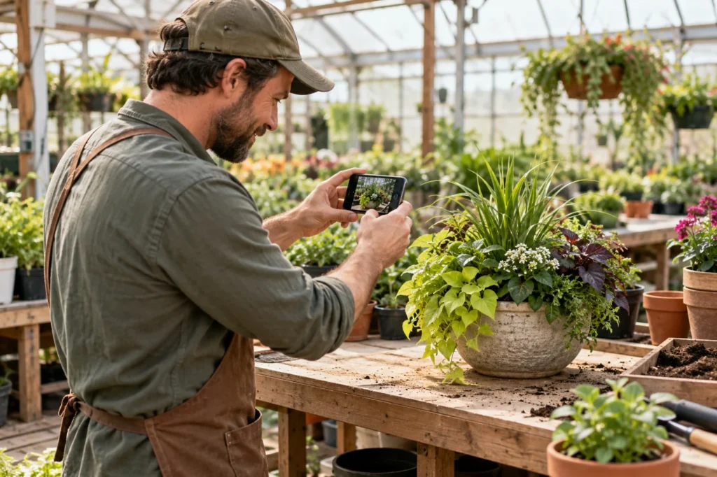 A fictional nursery owner photographing plants for his business website